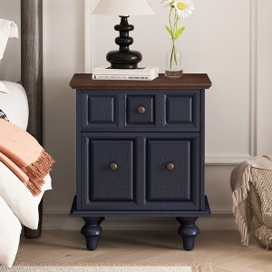 Vintage Nightstand Wood Nightstand End Table Accent Table Side Table with 2 Drawers & Roman Column Legs, Dark Blue/Antique White - ModernLuxe - 1 of 4