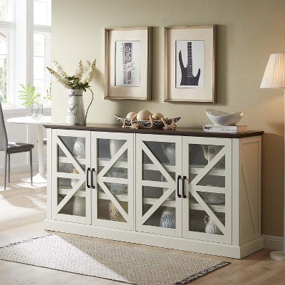 Farmhouse Coffee Bar Cabinet with 4 Glass Barn Doors & Adjustable Shelves, 70" Rustic Wood Sideboard for Kitchen, Dining, or Living Room, White
