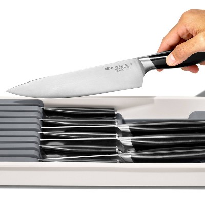 Gray Compact In-Drawer Knife Organizer with Non-Slip Feet