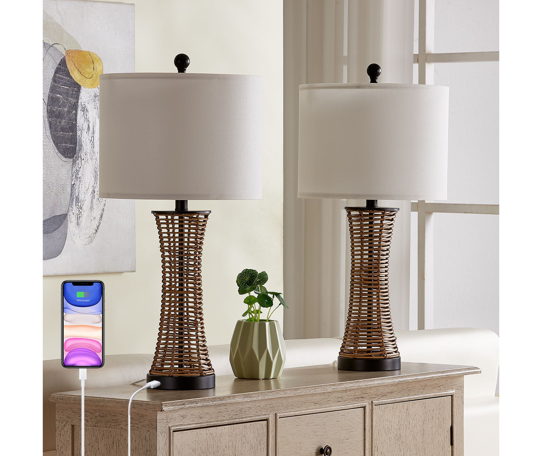 Maxax Rattan Table Lamp with USB Port£¬Set of 2 Boho Farmhouse Desk Lamp for Bedroom Nightstand
