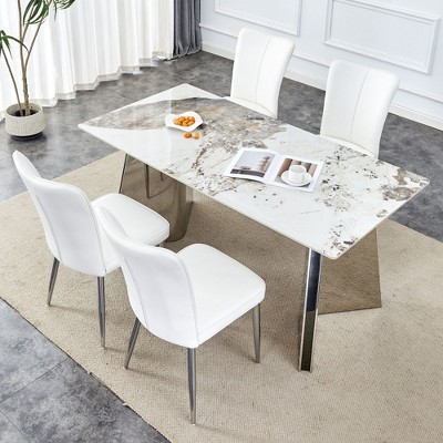 NicBex 5 PCS/7 PCS Sintered Stone Dining Table Set with Sliver Stainless Steel Butterfly Legs,4/6 PU Chairs for Kitchen/Apartment