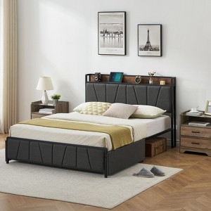 Modern Bed Frame with Storage Headboard, Metal Platform Bed with USB Charging Station and Under Bed Drawers - Steel Slats Support - 1 of 4