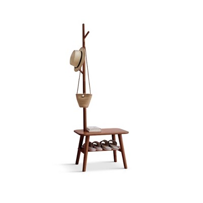 Vynxaria Walnut Color Solid Wood Shoe Stool with Cloth Hanger - Mid-Century Modern Storage Bench