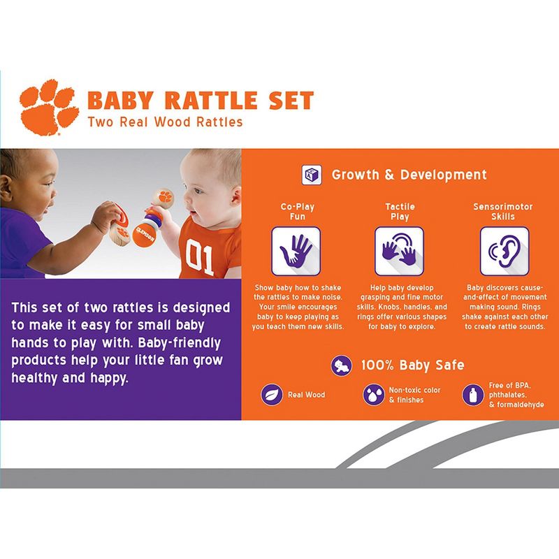 Baby Fanatic Wood Rattle 2 Pack - NCAA Clemson Tigers Baby Toy Set, 4 of 6