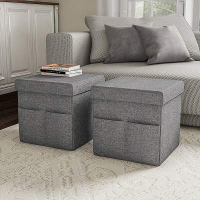 Hastings Home Pair of Foldable 15" Cube Storage Ottomans With Pockets - Charcoal Gray