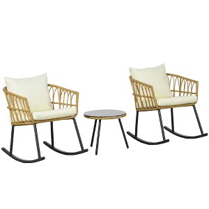 Aghana Digitals Cream White 3-Piece Outdoor Rocking Set: 2 PE Rattan Rockers, Glass Top Coffee - 1 of 4