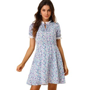 Allegra K Women's Lace Crochet Contrast Collar Ruffle Tie Neck Short Sleeve Floral Dress - 1 of 4