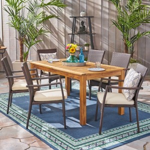 Christopher Knight Home Davenport Outdoor Acacia Wood and Wicker 7 Piece Expandable Dining Set - 1 of 4