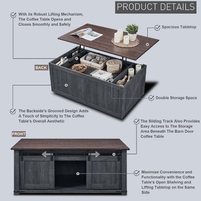 Gray and Brown Wood Lift-Top Coffee Table with Sliding Barn Door