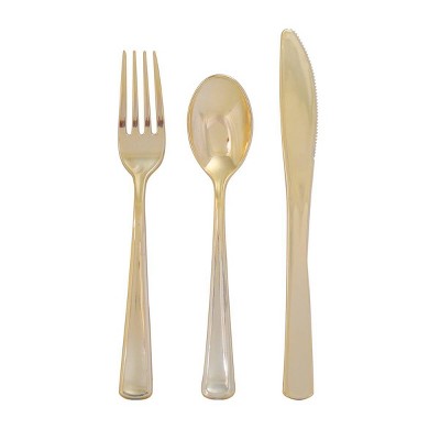 Gold Glitter Plastic Silverware for Weddings, Birthday Party