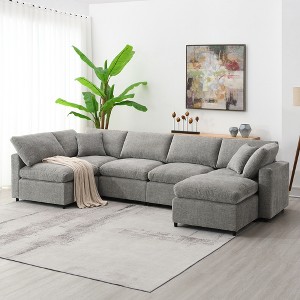 130" Chenille Modular Sectional Cloud Sofa with Ottoman and 2 Pillows, Free combination - 1 of 4