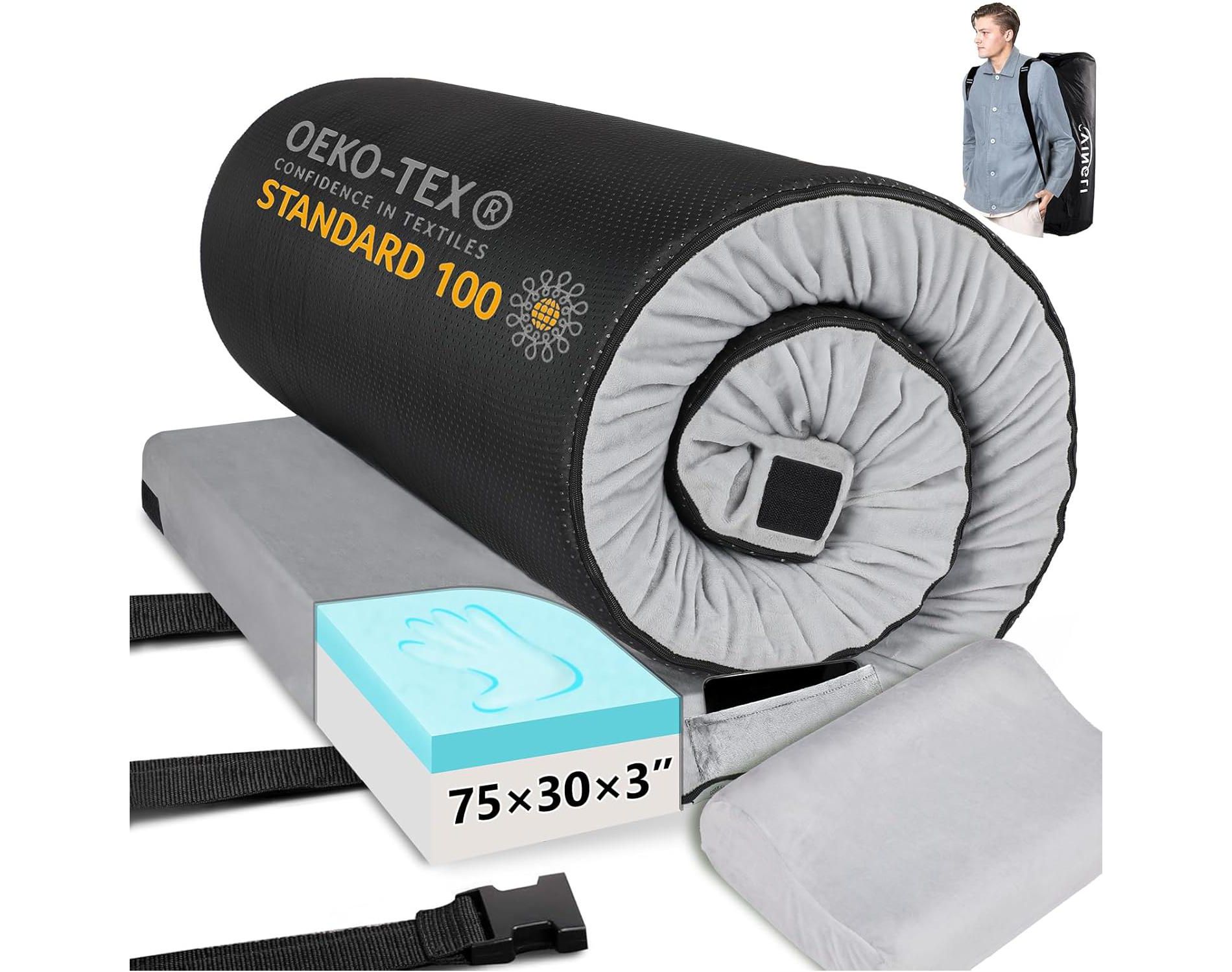 VINGLI 3 "Memory Foam Sleeping Pad Camping Mattress, Sleeping Mat Bed Roll Up with Pillow & Phone Pocket, 75x30x3in, Gray