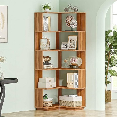 64.96" Brown Wood Grain 6-Tier Corner Bookshelf