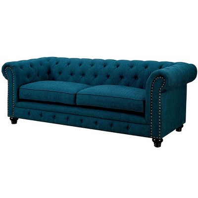 90" Sofa with Chesterfield Design and Button Tufting Teal Blue - Benzara