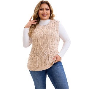 Women's Plus Size Knitted Crew Neck Sleeveless Casual Sweater Vest with Pocket - Agnes Orinda - 1 of 4
