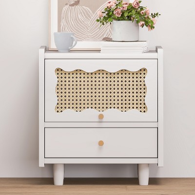 21.45"Wooden Nightstand with Rattan-Woven Storage Cabinet and 1 Drawer, Exquisite Elegance with Natural Storage Solutions, White