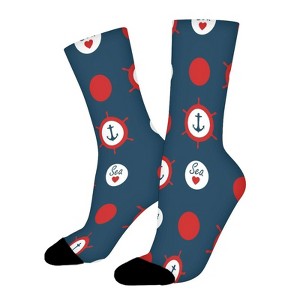 Nautical Pattern With Steering Wheels Women Printed Crew Socks Funny Funky Socks Soft Polyester Novelty Gifts for Artists Men - 1 of 1