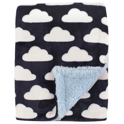 Hudson Baby Infant Boy Plush Blanket with Sherpa Back, Navy Clouds, One Size