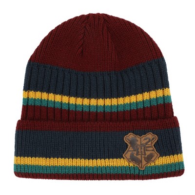 Harry Potter Hogwarts Crest Faux Leather Patch Stripes Beanie