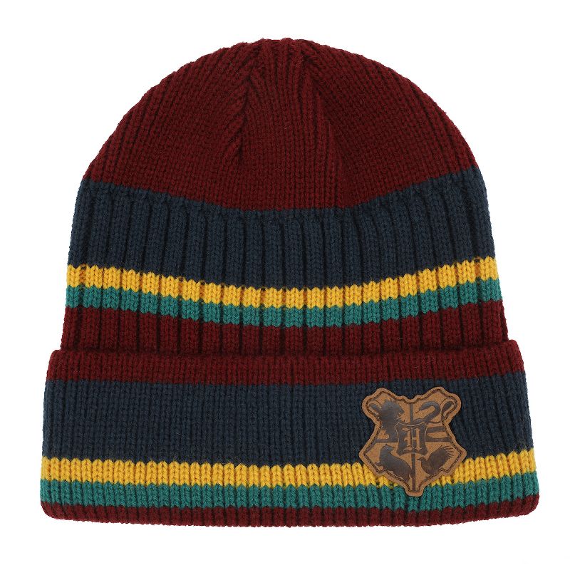 Harry Potter Hogwarts Crest Faux Leather Patch Stripes Beanie, 1 of 5