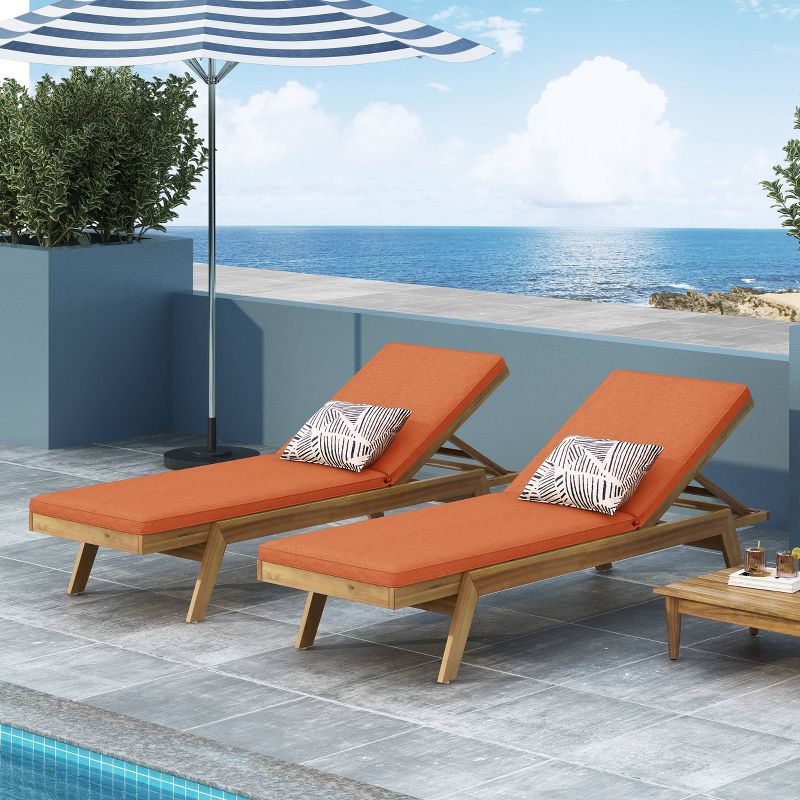 Caily 2pk Outdoor Acacia Wood Chaise Lounges with Cushions - Teak/Orange - Christopher Knight Home, 3 of 13