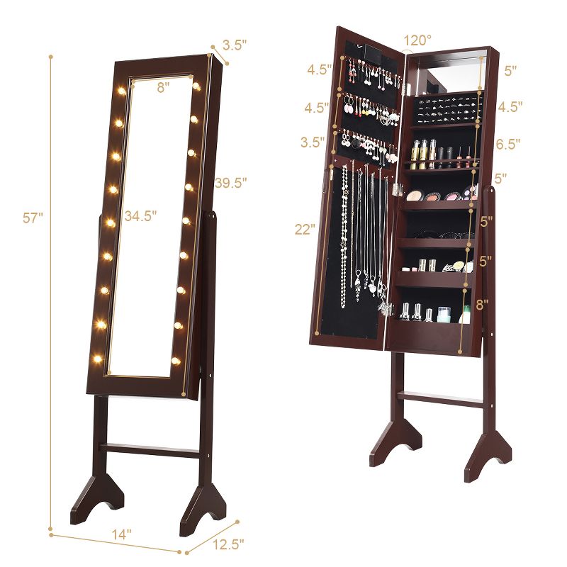 Costway Mirrored Jewelry Cabinet Organizer 18 LED lights White Brown Black, 2 of 11
