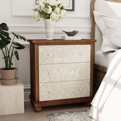 JIONJOY Farmhouse 3-Drawer Dresser - Hand-Carved Leaves Design, Fully Assembled Vintage Storage for Bedroom/Living Room, White & Brown