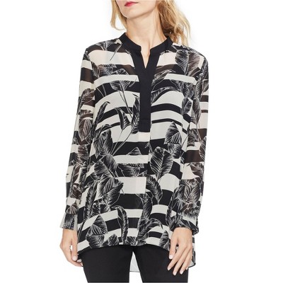 Vince Camuto Womens Tropical Split Neck Pullover Blouse, Black, X-Small