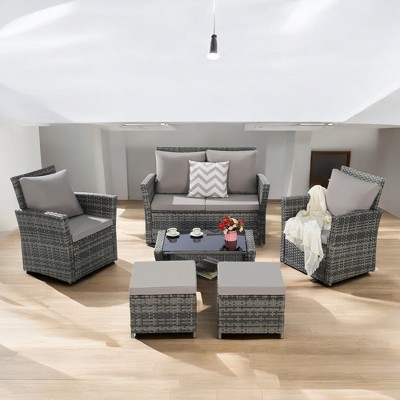 Mshliw 6-Piece Wicker Patio Furniture Set with Ottoman & Tempered Glass Coffee Table – Rattan & Cushions for Outdoor Garden, Patio, or Balcony