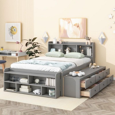 Streamdale Full Bed with Bookcase Headboard, Under bed Storage Drawers and Bed End Storage Case,Grey