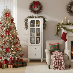 Homy Casa Tall Kitchen Pantry Cabinet with Glass Doors and Drawers, Solid Wood Legs, for Dining Room or Living Room - 1 of 4