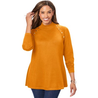 Jessica London Women's Plus Size Gold Button Mockneck Sweater