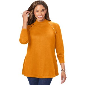 Jessica London Women's Plus Size Gold Button Mockneck Sweater - 1 of 4
