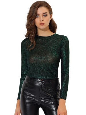 Allegra K Women's Long Sleeve Puff Sleeve Party Glitter Shiny Metallic Tops