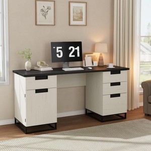 59" Farmhouse Executive Desk, Home Office Desk with File Drawer and Storage Cabinet, Wooden Computer Table with 3 Drawers for Work and Study - 1 of 4