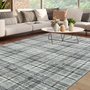 Modern Rug Washable Rug Buffola Plaid Rug for Living Room, Neutral Rug Non Slip, Low Pile Thin Rug, Distressed Soft Rug, Indoor Foldable Printed Rug - 1 of 4
