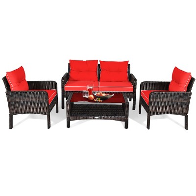 Tangkula 4 Piece Patio Conversation Set Rattan Wicker Loveseat Sofa Coffee Table & Glass Top Red/Turquoise Cushions