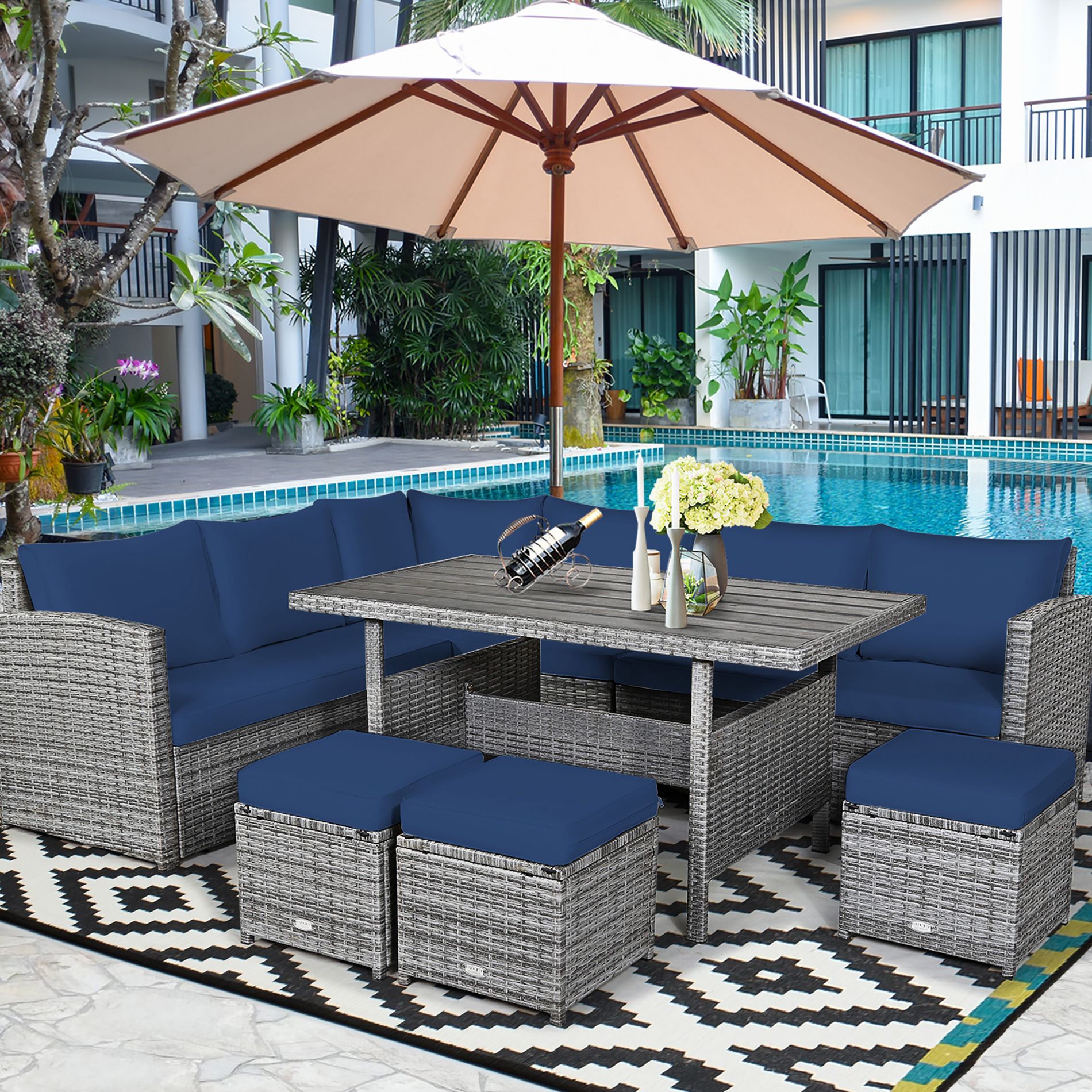 Costway 7 PCS Patio Rattan Dining Set Sectional Sofa Couch Ottoman Navy