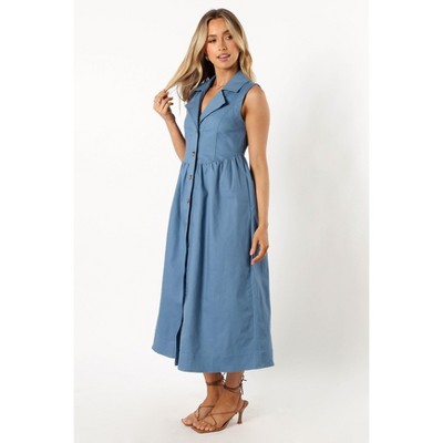 Steel Blue Cotton Blend Sleeveless V-Neck Midi Dress