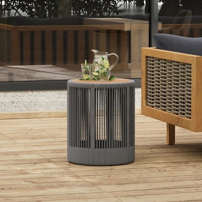 Outdoor Round Side Table, Patio Accent Table with Rattan Rope Frame and Acacia Wood Top for Balcony, Garden or Porch – Cuddlewood