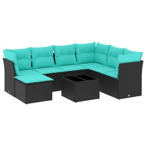 vidaXL 8 Piece Patio Sofa Set with Cushions Black Poly Rattan - Black and Blue With Table - 1 of 4