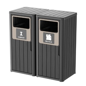 CAVINAS Dual Compartment Outdoor Trash Can, 2x80L Wood-Design Recycling Bin with Weatherproof Lids & Drainage Tray - 1 of 4