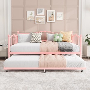 Twin Size Bed Frame, Metal Sofa Bed Frame with Steel Slat Support and Heart Design, Space-Saving Twin Size Bed for Living Room, Bedroom - 1 of 4