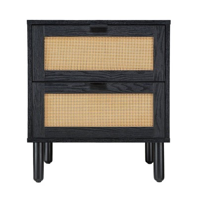 Black and Light Brown Rattan 2-Drawer Nightstand