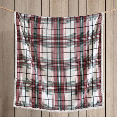 60" Red and Green Plaid Reversible Sherpa Cotton Throw Blanket