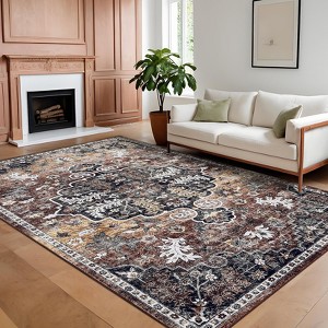 Vintage Area Rugs Washable Floral Carpet Non Slip Non Shedding Ultra Thin Floor Cover Foldable Oriental Indoor Mat for Bedroom Living Room - 1 of 4
