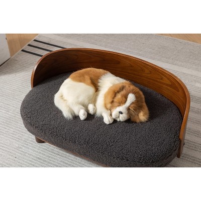 Gulches Scandinavian Style Small and Medium-sized Dogs Pet Sofa with Solid Wood Legs, Curved Walnut Wood Back, Velvet Cushion in Dark Gray