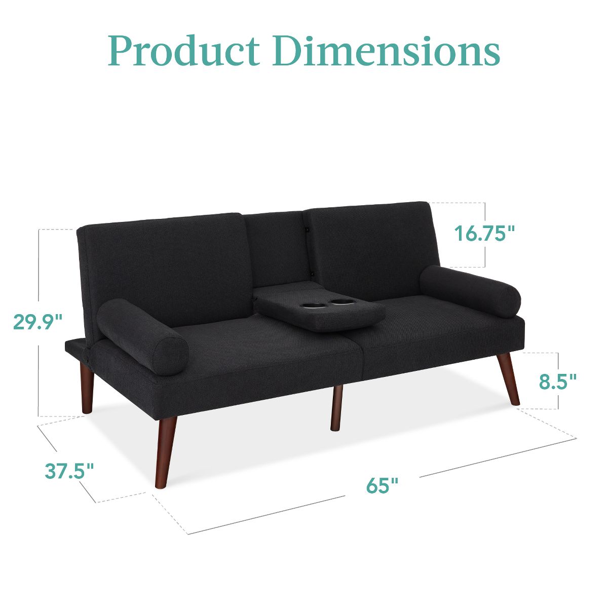 Best Choice Products Fabric Upholstered Convertible Futon w/ Rounded Armrests, Wooden Legs, 2 Cupholders - Black - thumbnail 7