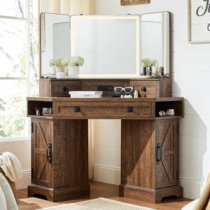 SinCiDo 48" Farmhouse Corner Vanity Desk, w/ 3 Way Mirror & Lights, Charging Station, Glass Tabletop, 3 Drawers and 2 Lockers, Bedroom Dressing Table - 1 of 4