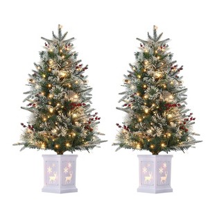2 Pcs 3 Ft Prelit Artificial Christmas Tress, White Lamp Base, Snow Flocked Xmas Tree for Christmas Decoration - 1 of 4